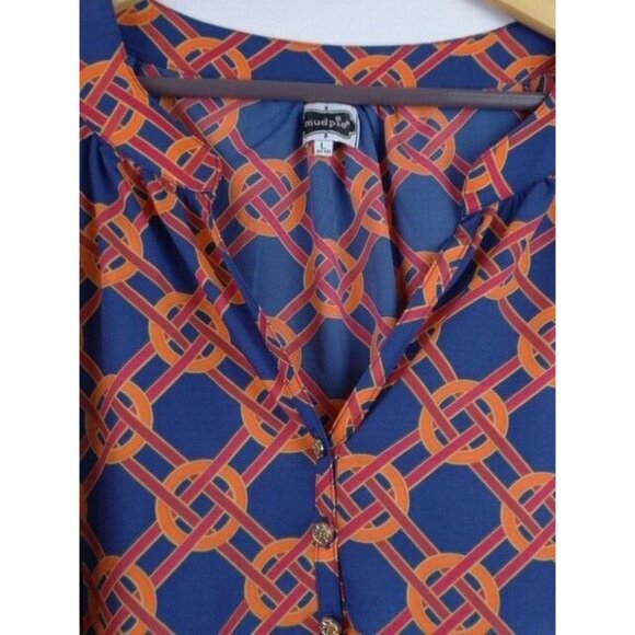 Mud Pie Women's Tunic Top Size Large 12-14 Blue Orange Long Sleeve Shirt MudPie - Picture 2 of 6
